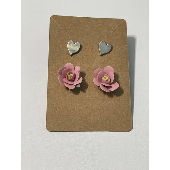 Vintage 90s Stud Earrings‎ Set Flower Heart Pink - Picture 8 of 8